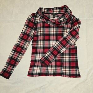 Ralph Lauren LRL Medium Red Plaid Cowl Neck Long Sleeve Cotton Top Holiday